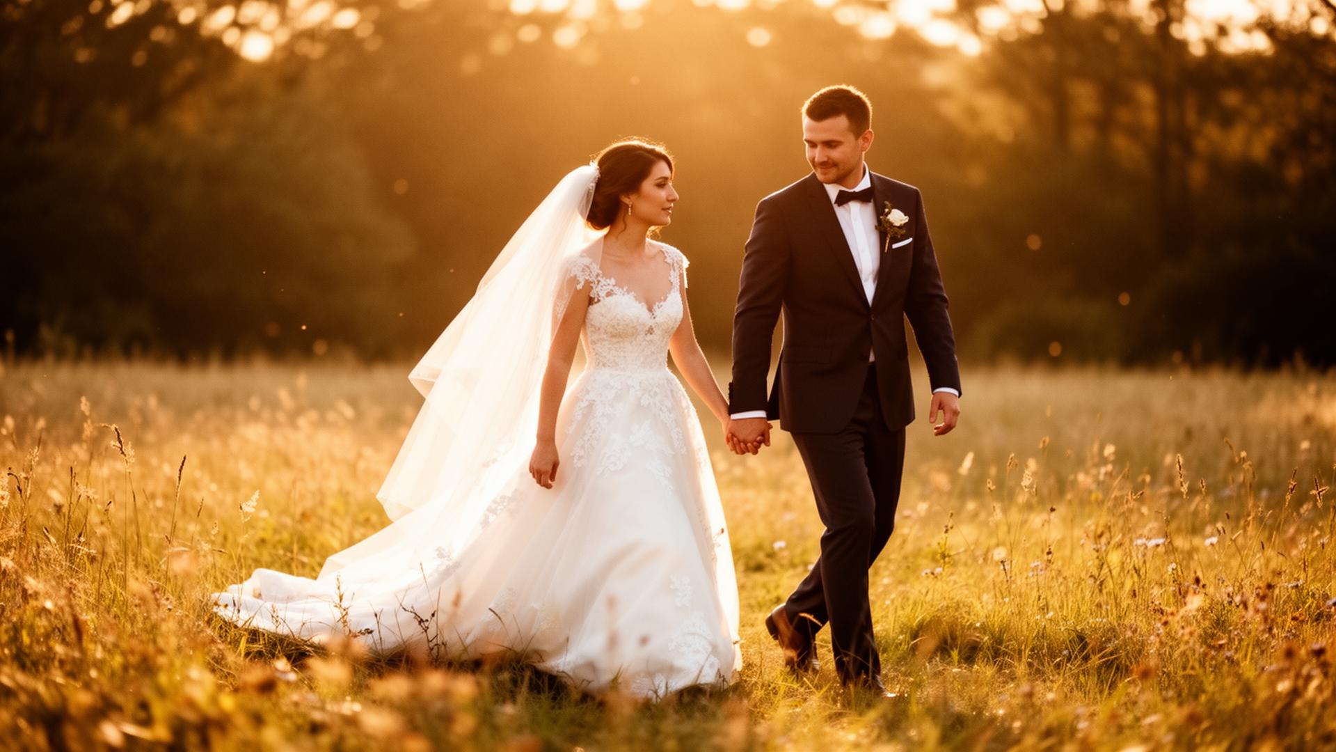 Wedding couple walking through golden meadow at sunset