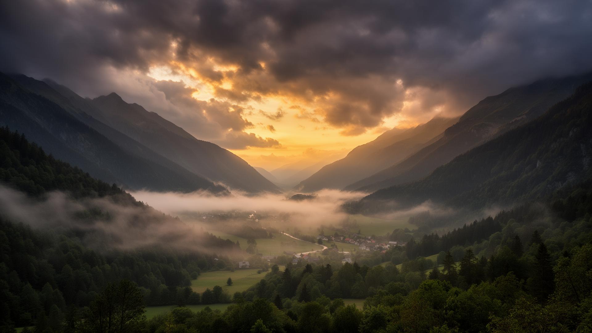 Misty mountain valley landscape at sunrise